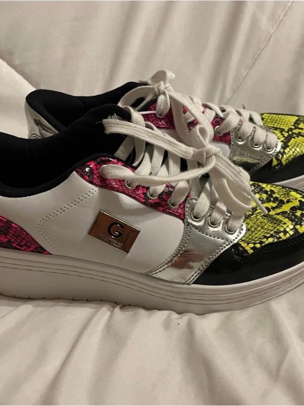 G by Guess White Sneakers with Pink and Yellow Snake-Print Accents 10M